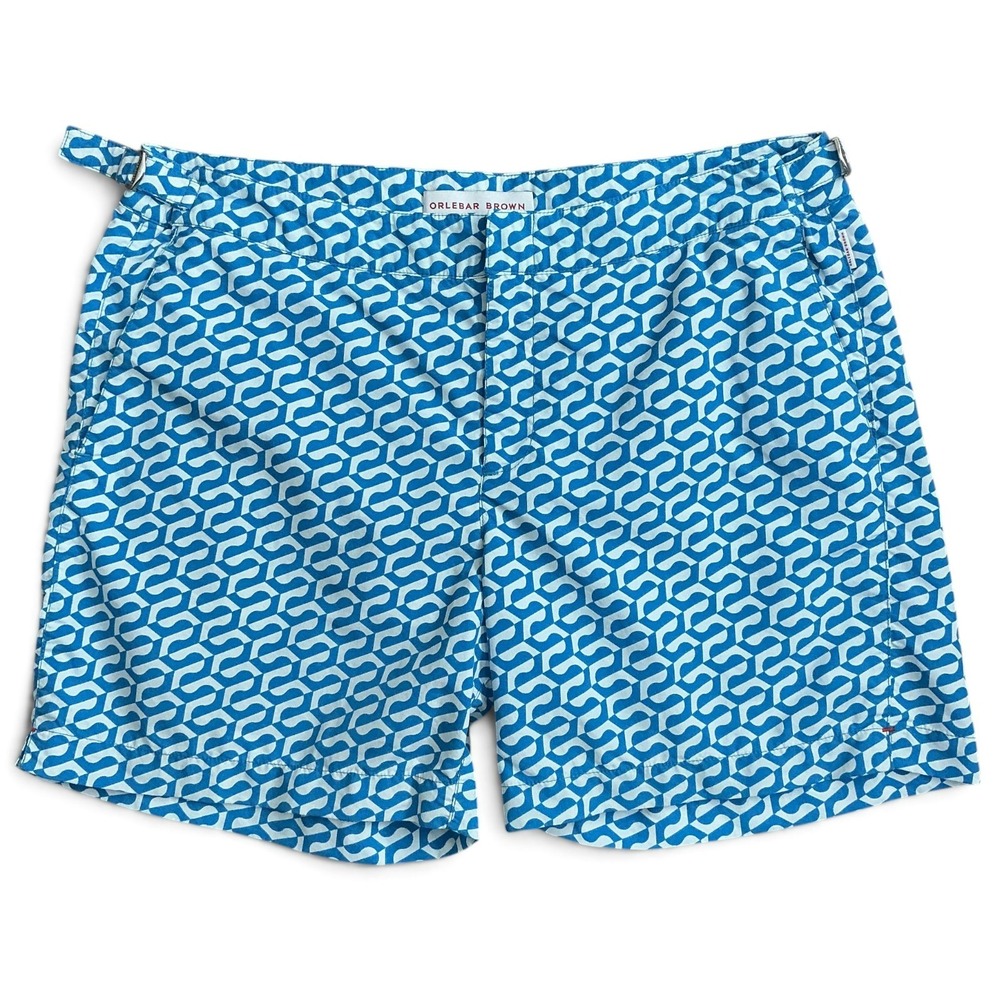 Orlebar Brown Bulldog Arroy Geometric Swim Trunks Blue White Men's 34 Made in UK